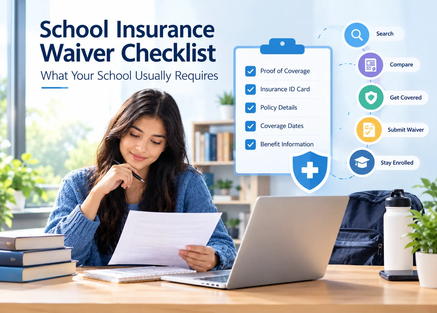 International student reviewing school insurance waiver documents with a laptop, checklist, coverage proof, insurance ID card, policy details, coverage dates, benefit information, and healthcare shield icon, illustrating essential requirements and steps for completing a university insurance waiver.